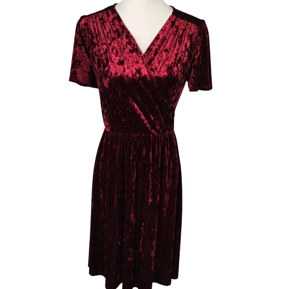 Mikarose Romantic Crushed Velvet Faux Wrap Burgundy Midi ALine Dress Sz S